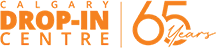 Calgary Drop-In Centre 65 Years logo in orange and grey text